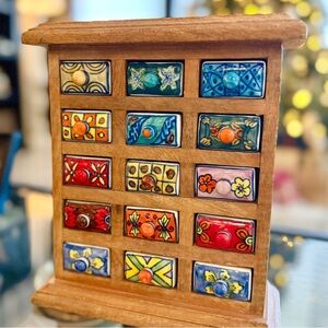 Wooden Apothecary w/ 15 Hand Painted Mini Drawers Trinket Box